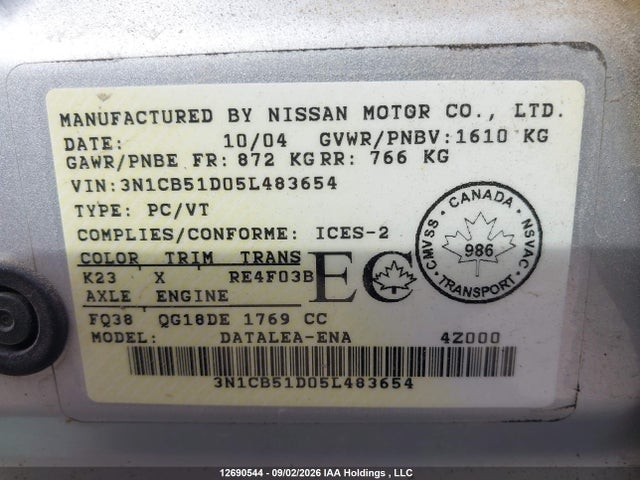 Aukcja sprzedaży 2005 Nissan Sentra, vin: 3N1CB51D05L483654, numer aukcji: 12690544