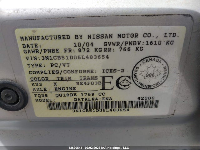 Aukcja sprzedaży 2005 Nissan Sentra, vin: 3N1CB51D05L483654, numer aukcji: 12690544