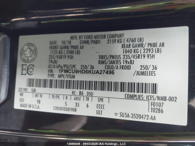 Продаж на аукціоні авто 2019 Ford Escape Sel, vin: 1FMCU9HD6KUA27496, номер лоту: 12690549