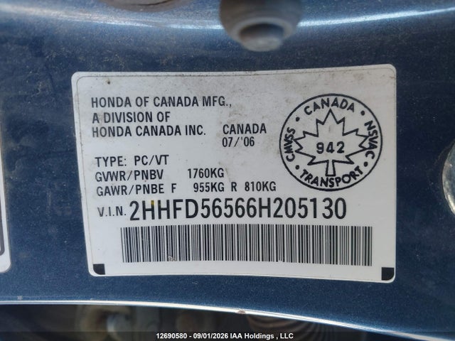 12690580 :رقم المزاد ، 2HHFD56566H205130 vin ، 2006 Acura Csx Touring مزاد بيع