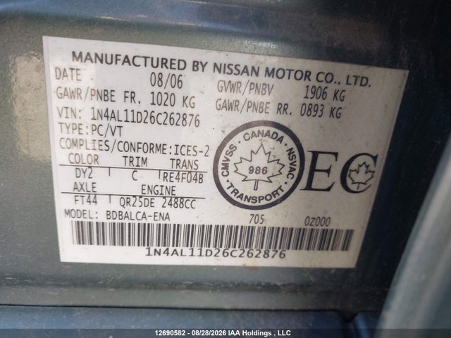 2006 Nissan Altima 2.5 S მანქანა იყიდება აუქციონზე, vin: 1N4AL11D26C262876, აუქციონის ნომერი: 12690582
