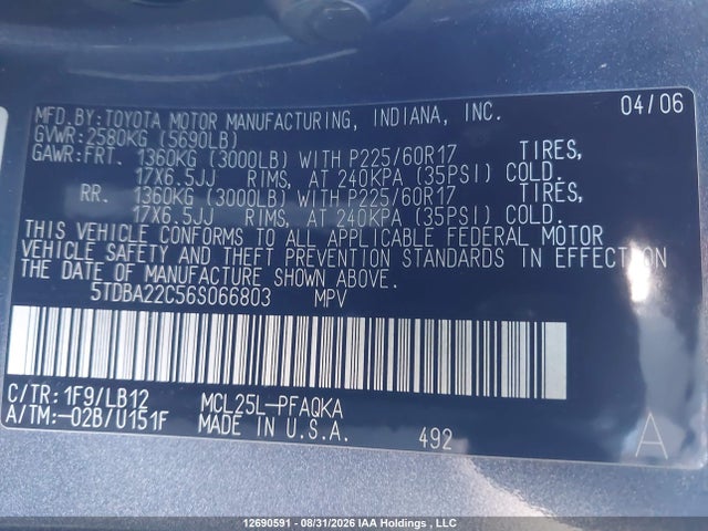 12690591 :رقم المزاد ، 5TDBA22C56S066803 vin ، 2006 Toyota Sienna Xle/xle Limited مزاد بيع