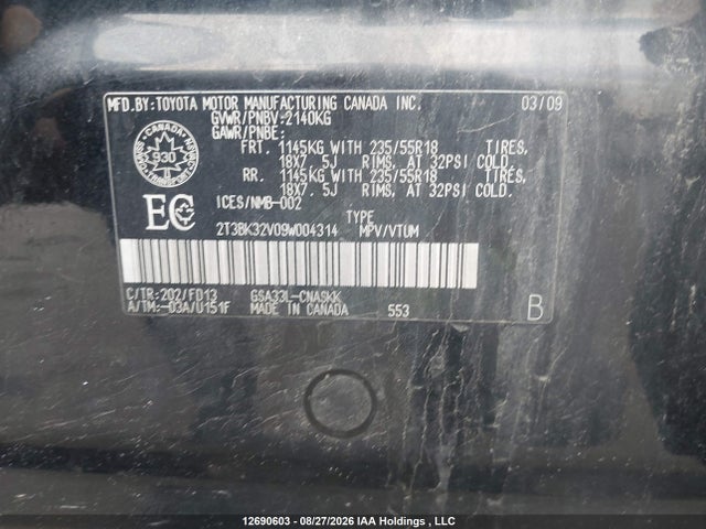 2009 Toyota Rav4 Sport V6 მანქანა იყიდება აუქციონზე, vin: 2T3BK32V09W004314, აუქციონის ნომერი: 12690603