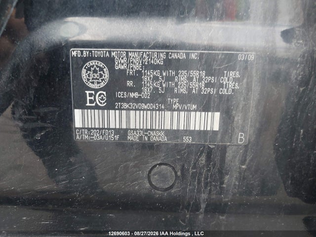 2009 Toyota Rav4 Sport V6 მანქანა იყიდება აუქციონზე, vin: 2T3BK32V09W004314, აუქციონის ნომერი: 12690603