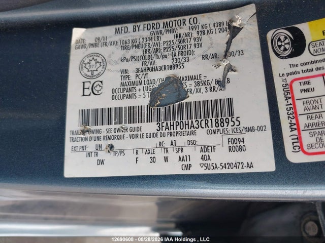 Продаж на аукціоні авто 2012 Ford Fusion Se, vin: 3FAHP0HA3CR188955, номер лоту: 12690608
