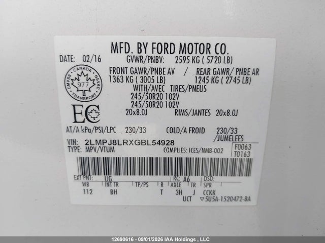 Lincoln Mkx Reserve 2016 2LMPJ8LRXGBL54928 Image 9