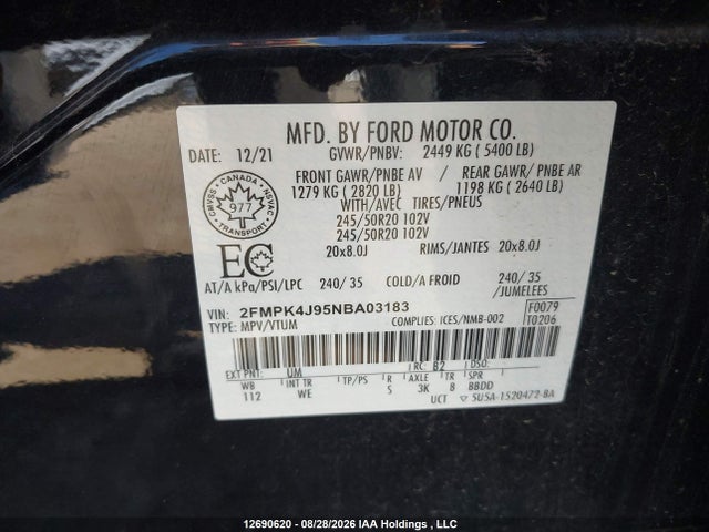 Aukcja sprzedaży 2022 Ford Edge Sel, vin: 2FMPK4J95NBA03183, numer aukcji: 12690620