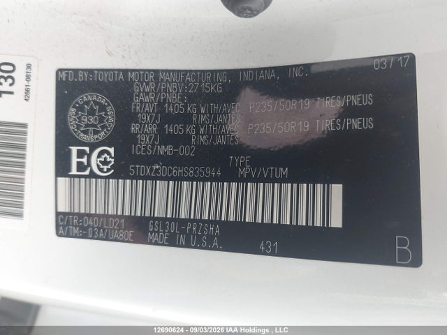 12690624 :رقم المزاد ، 5TDXZ3DC6HS835944 vin ، 2017 Toyota Sienna Se مزاد بيع