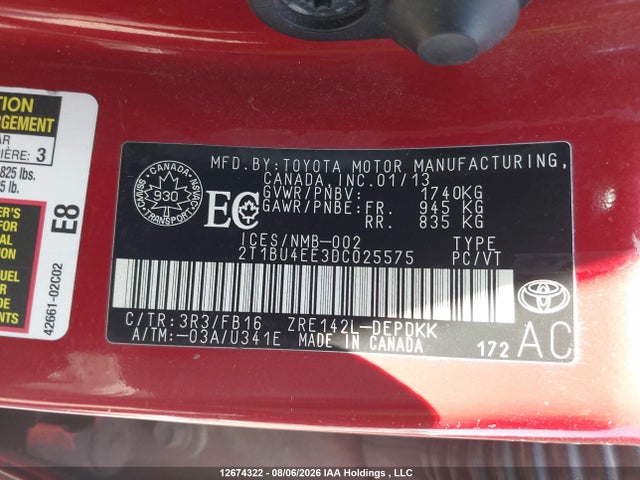 12674322 :رقم المزاد ، 2T1BU4EE3DC025575 vin ، 2013 Toyota Corolla Ce مزاد بيع