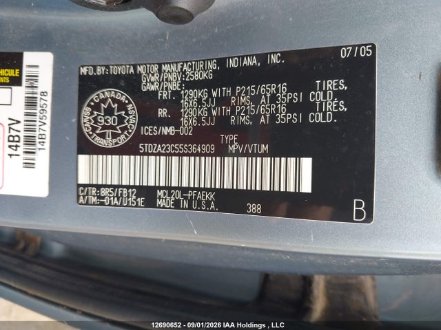 Aukcja sprzedaży 2005 Toyota Sienna, vin: 5TDZA23C55S364909, numer aukcji: 12690652