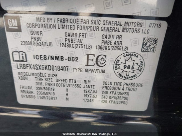 12690656 :رقم المزاد ، LRBFX4SX6KD018407 vin ، 2019 Buick Envision Premium Ii مزاد بيع