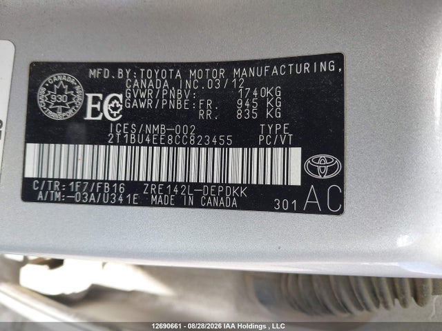 2012 Toyota Corolla S/le მანქანა იყიდება აუქციონზე, vin: 2T1BU4EE8CC823455, აუქციონის ნომერი: 12690661