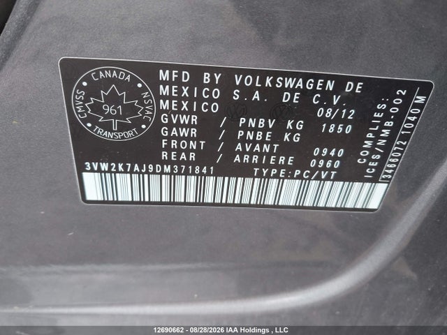 Продажа на аукционе авто 2013 Volkswagen Jetta, vin: 3VW2K7AJ9DM371841, номер лота: 12690662