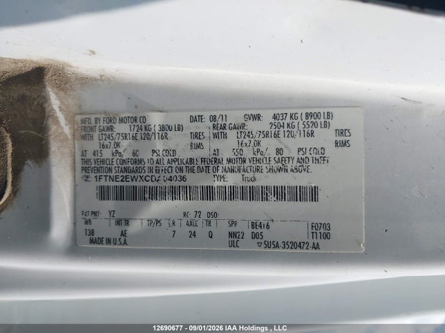 Aukcja sprzedaży 2012 Ford Econoline E250 Van, vin: 1FTNE2EWXCDA04036, numer aukcji: 12690677