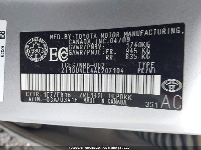 12690678 :رقم المزاد ، 2T1BU4EE4AC207104 vin ، 2010 Toyota Corolla S/le/xle مزاد بيع