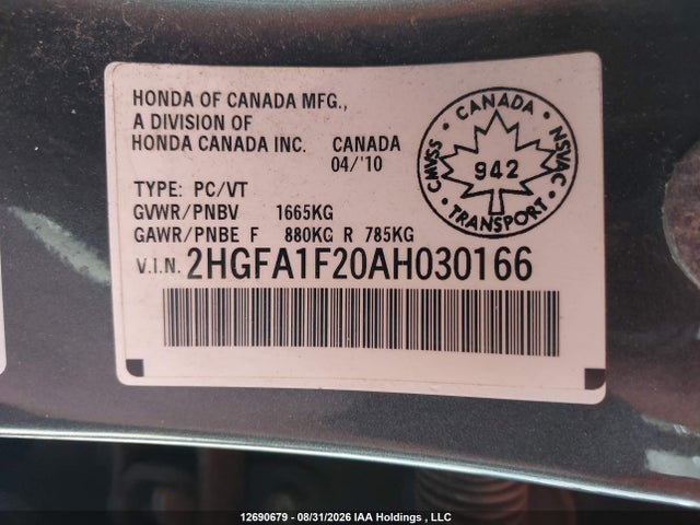 12690679 :رقم المزاد ، 2HGFA1F20AH030166 vin ، 2010 Honda Civic Dx/dx-a مزاد بيع