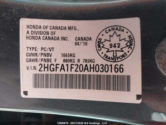 12690679 :رقم المزاد ، 2HGFA1F20AH030166 vin ، 2010 Honda Civic Dx/dx-a مزاد بيع