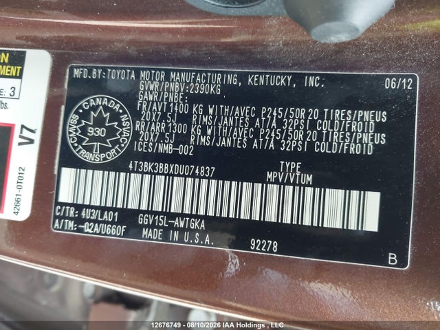2013 Toyota Venza Base V6 მანქანა იყიდება აუქციონზე, vin: 4T3BK3BBXDU074837, აუქციონის ნომერი: 12676749