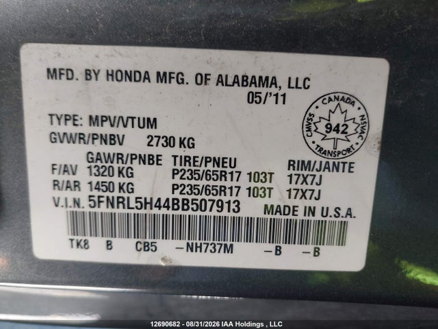 Продажа на аукционе авто 2011 Honda Odyssey Ex, vin: 5FNRL5H44BB507913, номер лота: 12690682