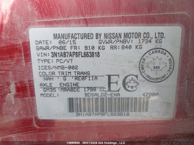 Продаж на аукціоні авто 2015 Nissan Sentra S/sv/sr/sl, vin: 3N1AB7AP8FL663818, номер лоту: 12690694
