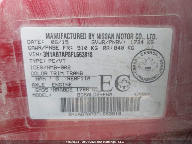 Продаж на аукціоні авто 2015 Nissan Sentra S/sv/sr/sl, vin: 3N1AB7AP8FL663818, номер лоту: 12690694