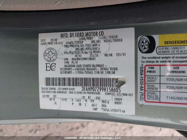 Aukcja sprzedaży 2009 Ford Fusion Se, vin: 3FAHP07Z99R158665, numer aukcji: 12690695