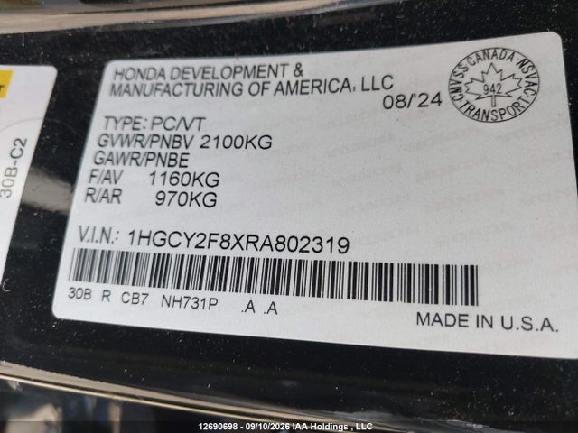 2024 Honda Accord Hybrid მანქანა იყიდება აუქციონზე, vin: 1HGCY2F8XRA802319, აუქციონის ნომერი: 12690698