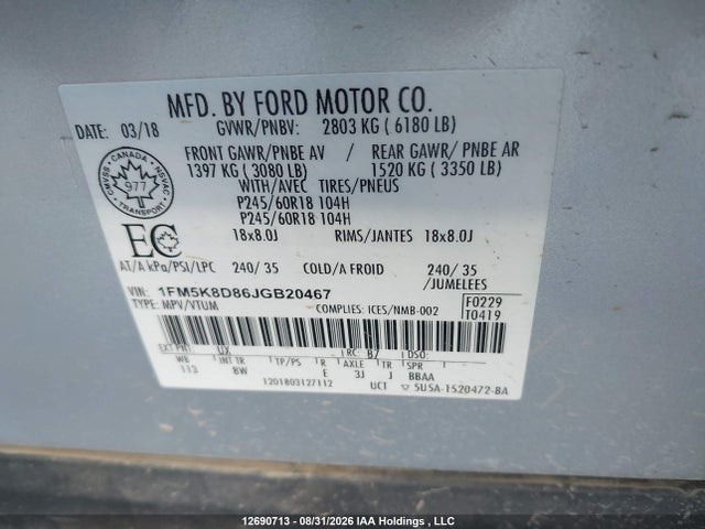 Ford EXPLORER XLT 2018 1FM5K8D86JGB20467 Image 9
