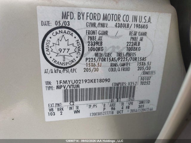 12690714 :رقم المزاد ، 1FMYU02193KE18090 vin ، 2003 Ford Escape Xls مزاد بيع