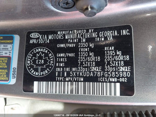 KIA Sorento 2015 5XYKUDA78FG585980 Image 9