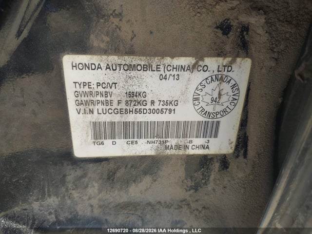 2013 Honda Fit Lx მანქანა იყიდება აუქციონზე, vin: LUCGE8H55D3005791, აუქციონის ნომერი: 12690720