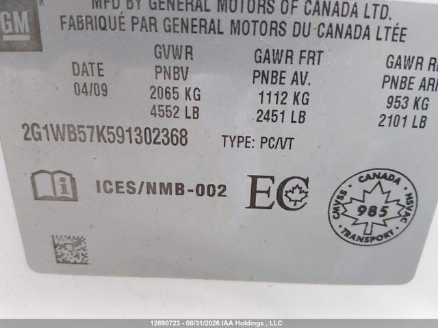 2009 Chevrolet Impala Ls მანქანა იყიდება აუქციონზე, vin: 2G1WB57K591302368, აუქციონის ნომერი: 12690723