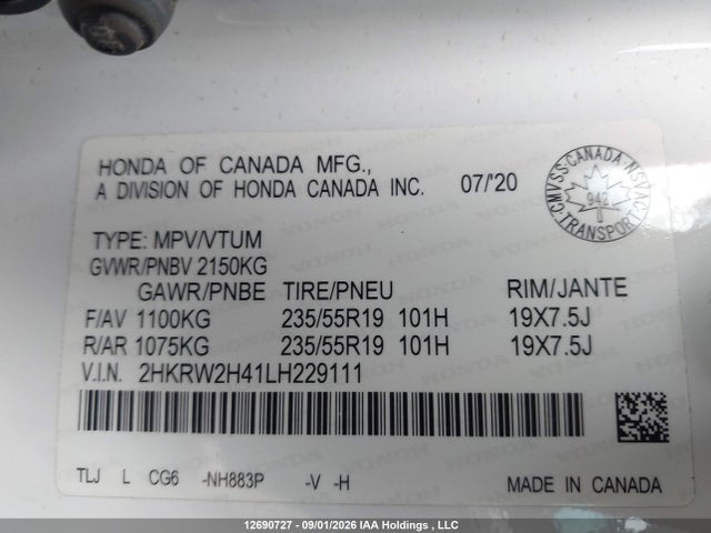 12690727 :رقم المزاد ، 2HKRW2H41LH229111 vin ، 2020 Honda Cr-v مزاد بيع