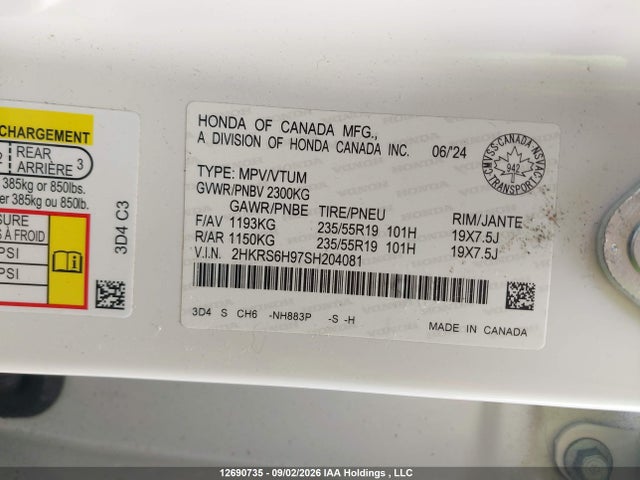 12690735 :رقم المزاد ، 2HKRS6H97SH204081 vin ، 2025 Honda Cr-v Sport Touring مزاد بيع