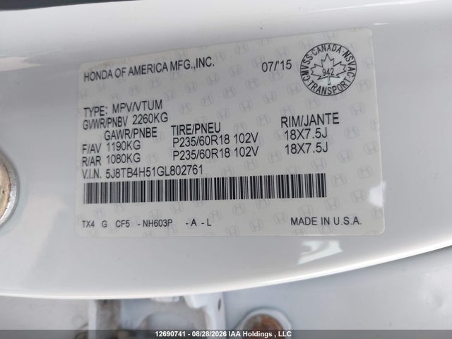 12690741 :رقم المزاد ، 5J8TB4H51GL802761 vin ، 2016 Acura Rdx Technology مزاد بيع