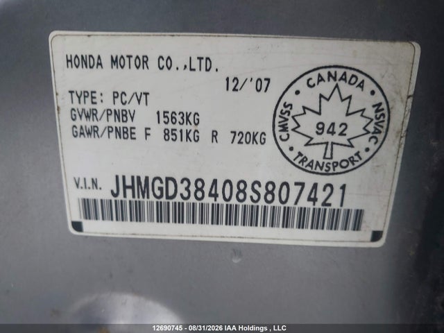 Aukcja sprzedaży 2008 Honda Fit, vin: JHMGD38408S807421, numer aukcji: 12690745