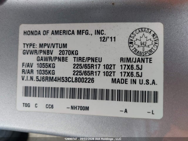 12690747 :رقم المزاد ، 5J6RM4H53CL800226 vin ، 2012 Honda Cr-v Ex مزاد بيع
