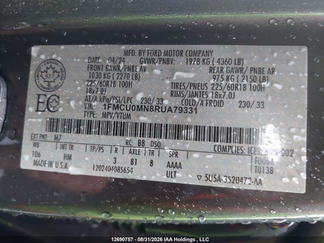 Ford Escape 2024 1FMCU0MN8RUA79331 Image 9