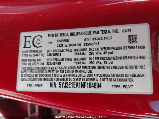 5YJ3E1EA1NF164694 Tesla Model 3 Rwd/standard Range