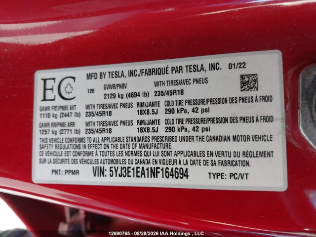 5YJ3E1EA1NF164694 Tesla Model 3 Rwd/standard Range