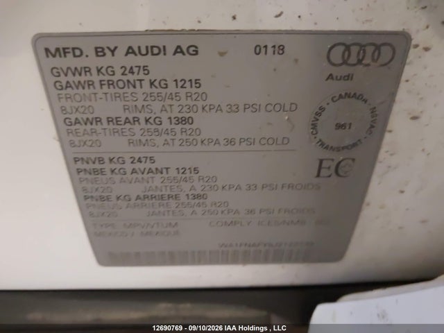 2018 Audi Q5 Technik S-line მანქანა იყიდება აუქციონზე, vin: WA1FNAFY5J2122738, აუქციონის ნომერი: 12690769