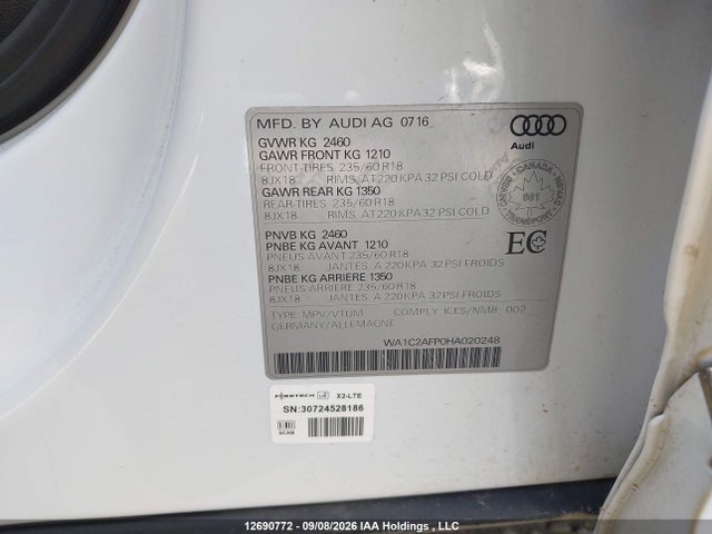 2017 Audi Q5 2.0t Komfort მანქანა იყიდება აუქციონზე, vin: WA1C2AFP0HA020248, აუქციონის ნომერი: 12690772