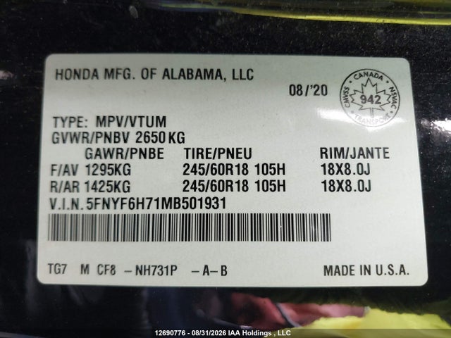 Продаж на аукціоні авто 2021 Honda Pilot Black, vin: 5FNYF6H71MB501931, номер лоту: 12690776