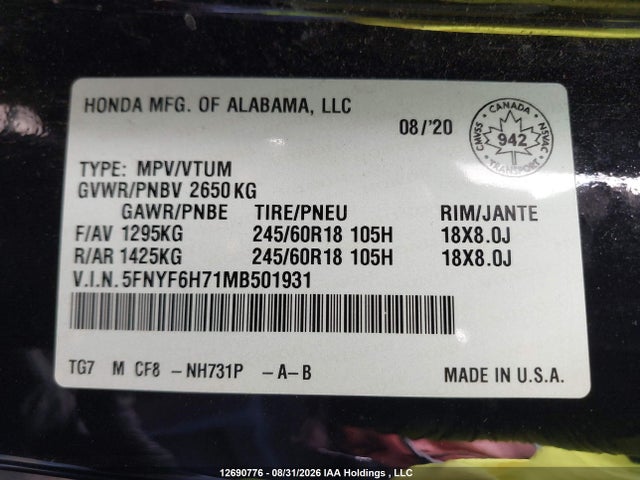 Продаж на аукціоні авто 2021 Honda Pilot Black, vin: 5FNYF6H71MB501931, номер лоту: 12690776