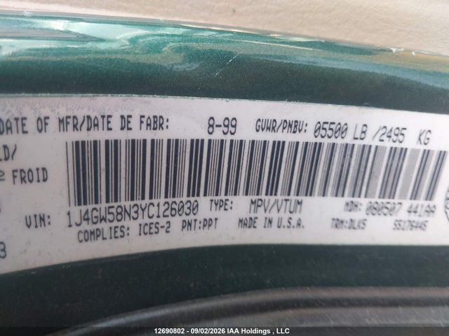 2000 Jeep Grand Cherokee Limited მანქანა იყიდება აუქციონზე, vin: 1J4GW58N3YC126030, აუქციონის ნომერი: 12690802