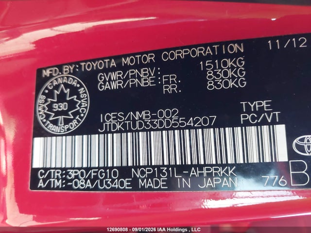 12690808 :رقم المزاد ، JTDKTUD33DD554207 vin ، 2013 Toyota Yaris مزاد بيع