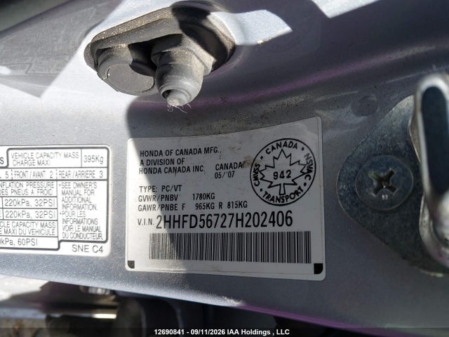 Aukcja sprzedaży 2007 Acura Csx, vin: 2HHFD56727H202406, numer aukcji: 12690841