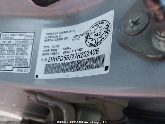 Aukcja sprzedaży 2007 Acura Csx, vin: 2HHFD56727H202406, numer aukcji: 12690841