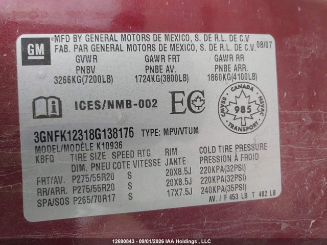 2008 Chevrolet Avalanche K1500 მანქანა იყიდება აუქციონზე, vin: 3GNFK12318G138176, აუქციონის ნომერი: 12690843