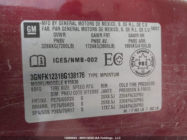 2008 Chevrolet Avalanche K1500 მანქანა იყიდება აუქციონზე, vin: 3GNFK12318G138176, აუქციონის ნომერი: 12690843
